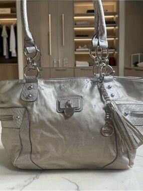 Genna De Rossi Metallic Silver Y2K Shoulder Bag Hobo Satchel Charm Tassel